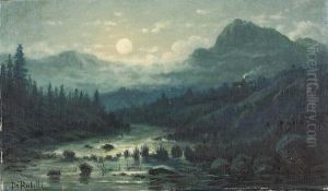 Nachtliche Flusspartie Im Gebirge Bei Vollmond. by Giuseppe De Rubelli