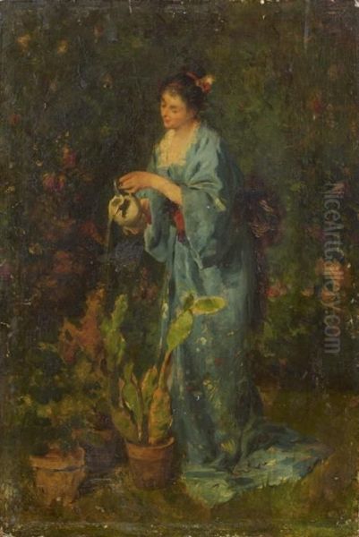 Jeune Femme En Costume Japonais Arrosant Des Fleurs - view 1