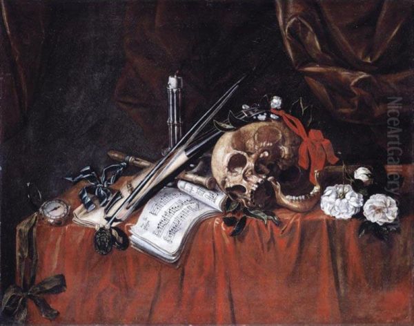 A Vanitas Still Life With A Skull, A Viol And A Violin Bow, A Pocket-watch, A Musical Score And Other Objects, All Laid Out On A Draped Table - view 1