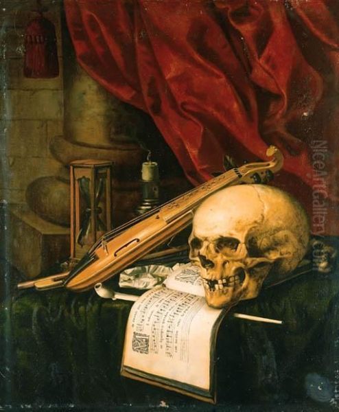 A Vanitas: A Skull, A Violin, A Music Score, A Pipe And Tobacco, Anhourglass And A Guttering Candle On A Draped Table - view 1