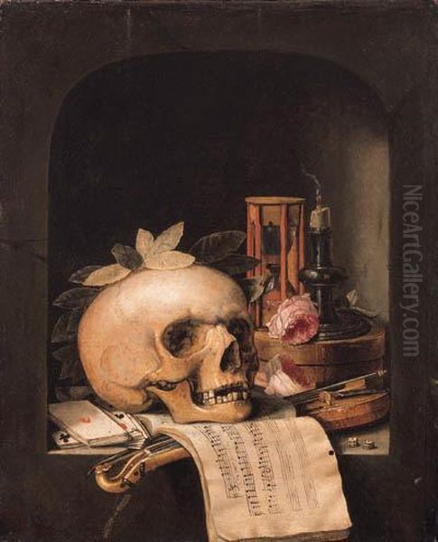 A Vanitas Still Life With A Wreathed Skull, A Pochette Violin And Abow, A Deck Of Cards, A Musical Score, A Pair Of Dice, A Boxinscribed Poudre De Civet, Two Roses, An Hourglass And Asnuffed-out Candle In A Niche - view 1