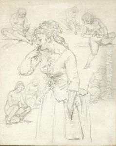 Studies Of Young Women At Their Toilet And A Woman Eatingcherries by Augustin de Saint-Aubin