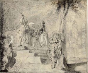 Figures From The Commedia Dell'arte Serenading In A Park by Gabriel De Saint Aubin