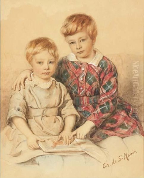 Portrait De Deux Jeunes Garcons Assis, Regardant Un Livred'images - view 1