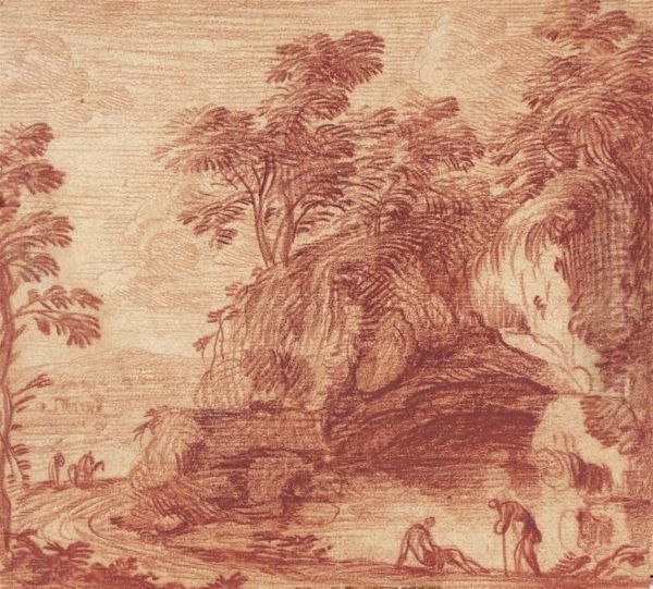 Figures By A Pool Below A Wooded Cliff - view 1