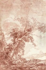 Two Shepherds Sitting Under A Tree In A Landscape by Nicolas-Charles De Silvestre