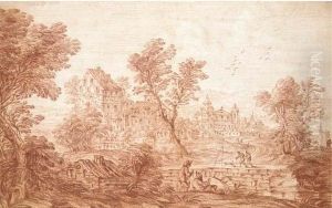 An Extensive Landscape With Fishermen And Travellers On A Bridge, A Town In The Background by Nicolas-Charles De Silvestre