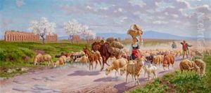 Pastora Con Gregge Nella Campagna Romana by Alfredo De Simoni