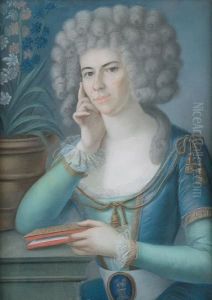 Portrait Of A Lady, Half-length, In A Green And Blue Dress, Seated On A Table Holding A Book by Jean-Francois De Sompsois
