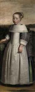 Portrait Of A Girl, Full-length, In A Grey, Green And White Dresswith A White Collar, Standing In A Landscape, Holding A Bunch Ofgrapes by Jan Jansz De Stomme