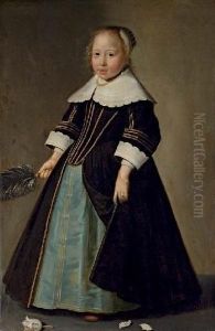 Portrait Of A Girl, Full-length, In A Blue And Black Dress With Gold Trimming, With White Lace Collar And Sleeves, Holding An Ostrich Feather Fan