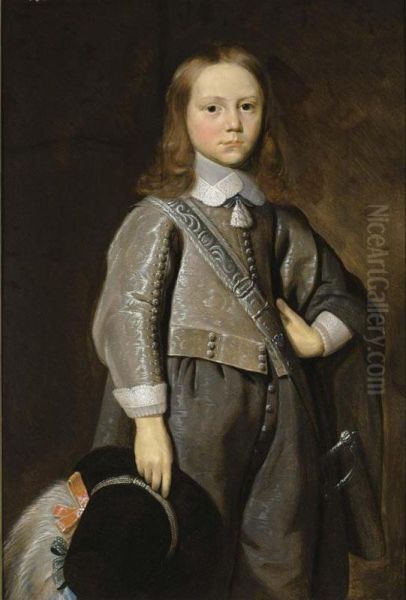 A Portrait Of A Boy, Standing Three- Quarter Length, Wearing A Grey Embroidered Suit And Holding A Hat With A Feather In His Right Hand - view 1
