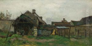 Farm Buildings With Farmer by Marc Aurele de Roy Suzor-Cote