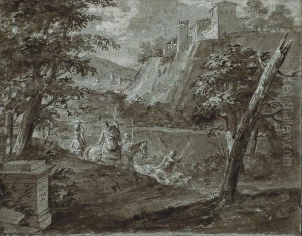 Des Hommes Et Leur Troupeau Dans Un Paysage, Une Ville A L'arriere-plan - view 1
