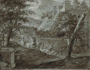 Des Hommes Et Leur Troupeau Dans Un Paysage, Une Ville A L'arriere-plan by Thomas De Thomon