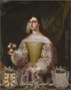 Portrait Of Dona Josefa De Benavides, Marquesa De Villena Y Duquesade Escalona (1662-1725), Holding A Small Bunch Of Flowers And Afan by Miguel Alonso De Tovar
