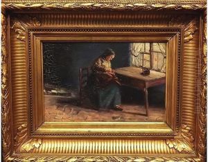 Scena D'interni Con Donna Che Cuce Seduta