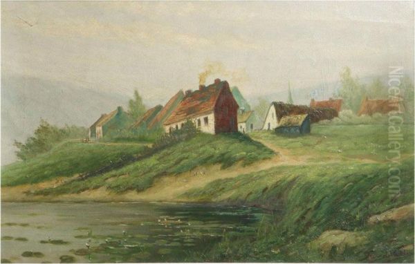 Hilly Landscape With Village Near The Water - view 1