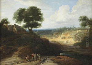 A Hilly Landscape With Figures Conversing On A Track, A Shepherdand His Cattle In The Distance by Lodewijk De Vadder