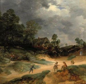 A Dune Landscape With Figures And Pigs On A Track Near Acottage by Lodewijk De Vadder