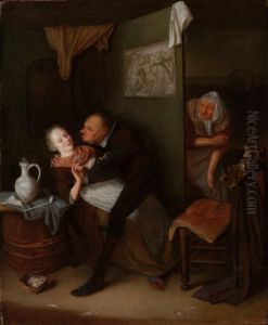 Sold By The J. Paul Getty Museum To Benefit Future Painting Acquisitions
An Unequal Couple In An Inn, With An Old Woman Looking Around The Corner by Hendrik De Valk
