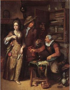 An Elegant Couple In An Interior With A Spinster At A Table Pointing At A Contract by Hendrik De Valk