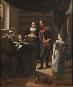 An Interior With A Family Before A Notary Making A Contract by Hendrik De Valk