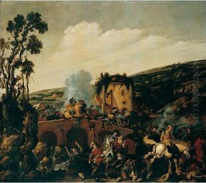 A Battle On A Roman Bridge; The Battle Of The Milvian Bridge (?) by Nicolaes Quade I De Van Ravesteyn
