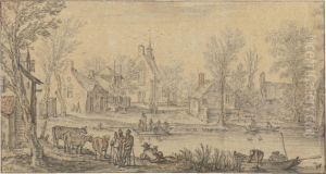 A Village On A River, Figures In The Foreground A Village On A River, Figures In The Foreground