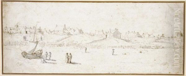 A Fishing Village In The Dunes, With Figures By A Beached Boat In The Foreground - view 1
