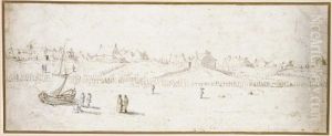 A Fishing Village In The Dunes, With Figures By A Beached Boat In The Foreground by Abraham de Verwer