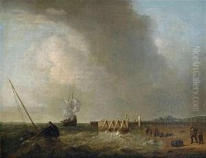 Clouded Coastal Landscape With Ships In Rough Sea.