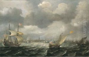Bateaux Devant Le Port D'amsterdam by Justus de Verwer