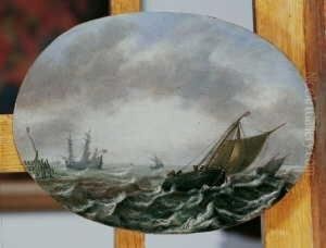 Segelschiffe Auf Bewegter See In Kustennahe. by Justus de Verwer
