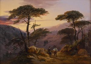 Bergers Conversant Au Coucher Du Soleil Dans Un Paysage Italian by Edouard De Vigne
