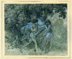 Tres Beau Dessin D'une Scene Mythologique, Par L'auteur Des Poemes
Antiques Et Modernes. Dans Un Paysage Sylvain, Une Jeune Femme Aux
Draperies Voletantes Se Detourne, En Se Cachant Le Visage, Du
Chasseur Divin Et Amoureux Qui La Poursuit, Et Qui A Pri by Alfred De Vigny