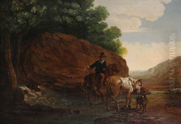 Bergachtig Landschap Met Ruiter, Paard En Hond. Doek. Getekend ````j.villers````. - view 1
