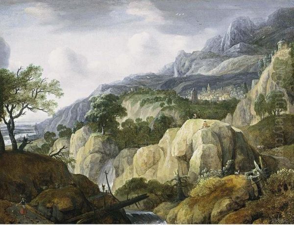 A Mountainous Landscape With Travellers On A Path Near A Waterfall And A Draughtsman On A Rock, A Town Beyond. - view 1