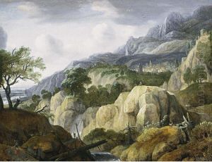 A Mountainous Landscape With Travellers On A Path Near A Waterfall And A Draughtsman On A Rock, A Town Beyond. by Jacob De Villeers