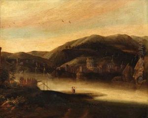 A River Landscape With Figures, A Town And Hills Beyond by Jacob De Villeers