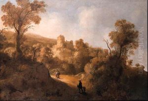 Travellers On A Path In A Mountainous Landscape, A Fortified Townin The Distance by Jacob De Villeers