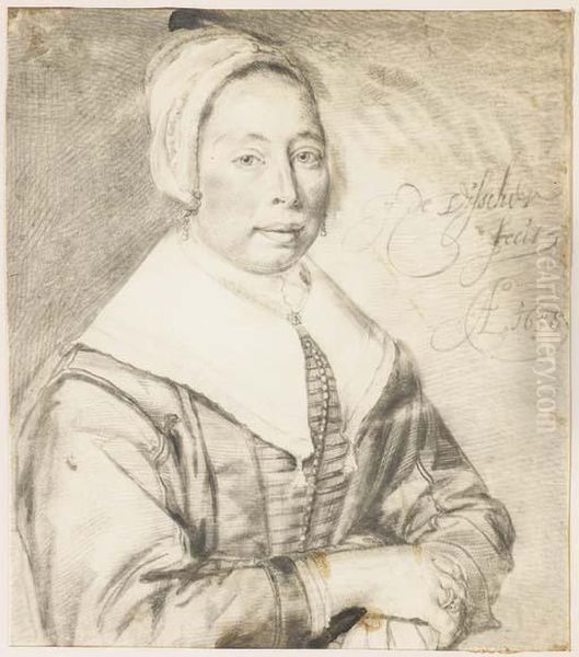 Portrait D'une Femme En Buste Portant Une Coiffe, Les Mainscroisees - view 1