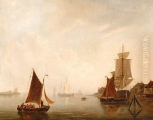 Sailing Ships By A River Mouth by Adrianus De Visser