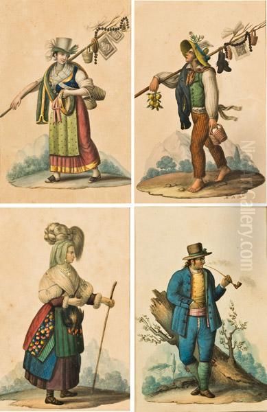 Quattro Disegni Con Figure Popolari In Costume - view 1