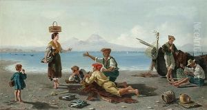 Fisherfolk By The Shore Of The Bay Of Naples, Vesuvius In The Distance by Figlio De Vivo