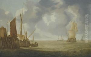 Shipping In A Breeze, A Man-o'-war And Other Shipping Beyond by Simon De Vlieger