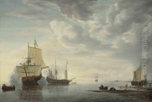 Dutch Frigates Exchanging Salutes In A Calm, With Yachts, A Rowingboat, A Sloop Carrying Personnel, And Fishermen On The Shore With Initials by Simon De Vlieger