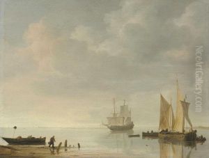 Coastal Scene With Ships Resting On Calm Waters by Simon De Vlieger