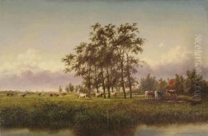 Cows In A Meadow, A Village Beyond