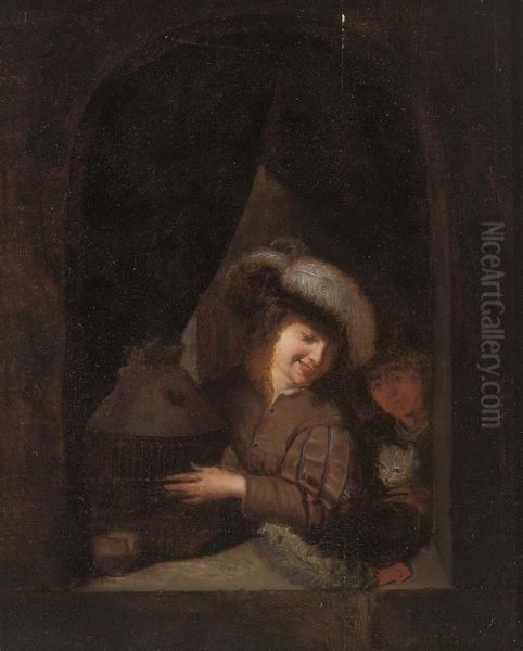Two Boys With A Cat And Birdcage At A Casement - view 1